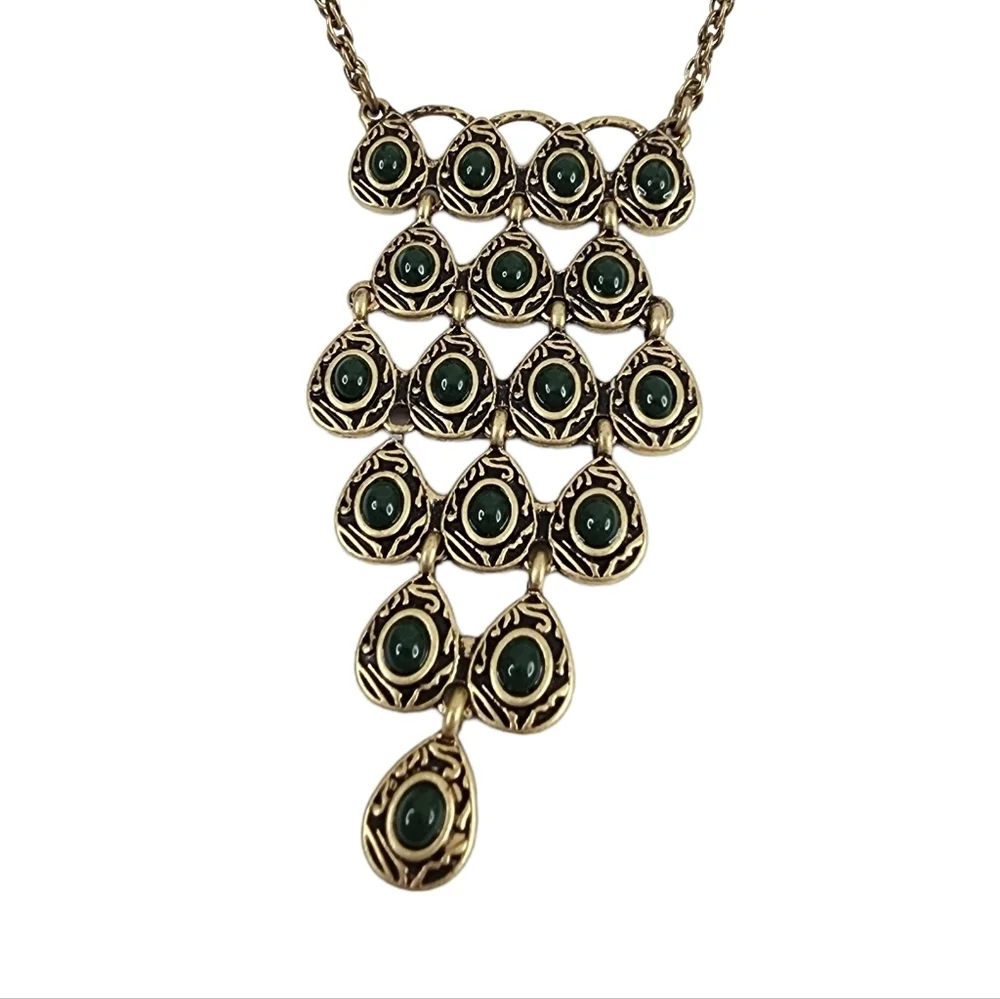Lucky Brand boho necklace long pendant necklace tiered pendant green